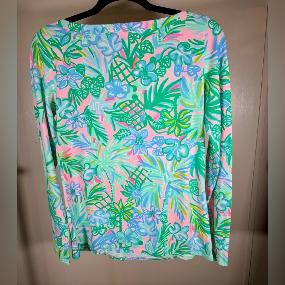 Lilly Pulitzer “Aleah” Tropical Pelican Pink Coconut Row Print Blouse Size Small - Picture 3 of 8